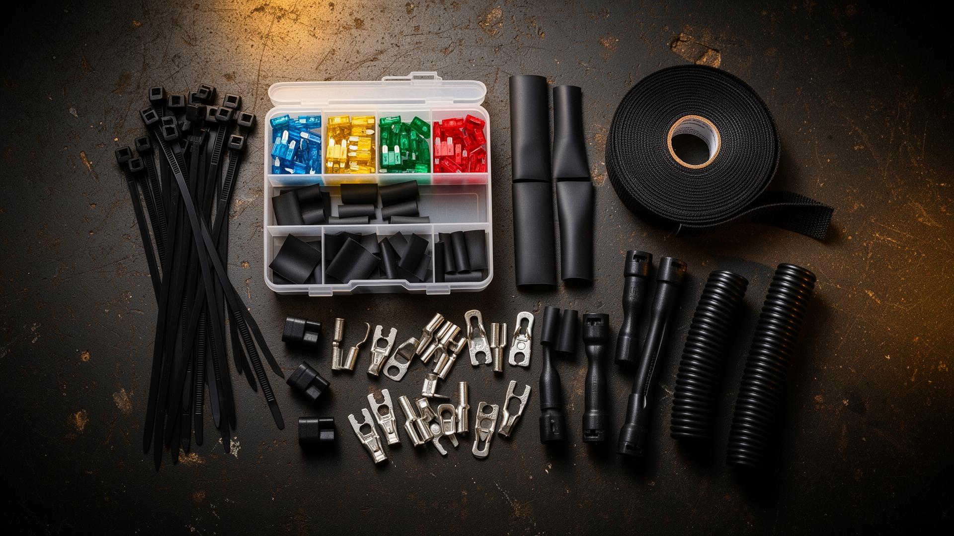 Automotive electrical trade products laid out: cable ties, fuses, heat shrink, harness tape, connectors and corrugated tubing
