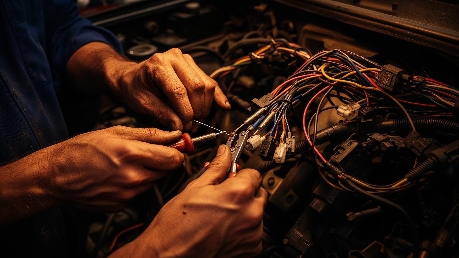 Auto electrician working on a vehicle wiring harness in a workshop